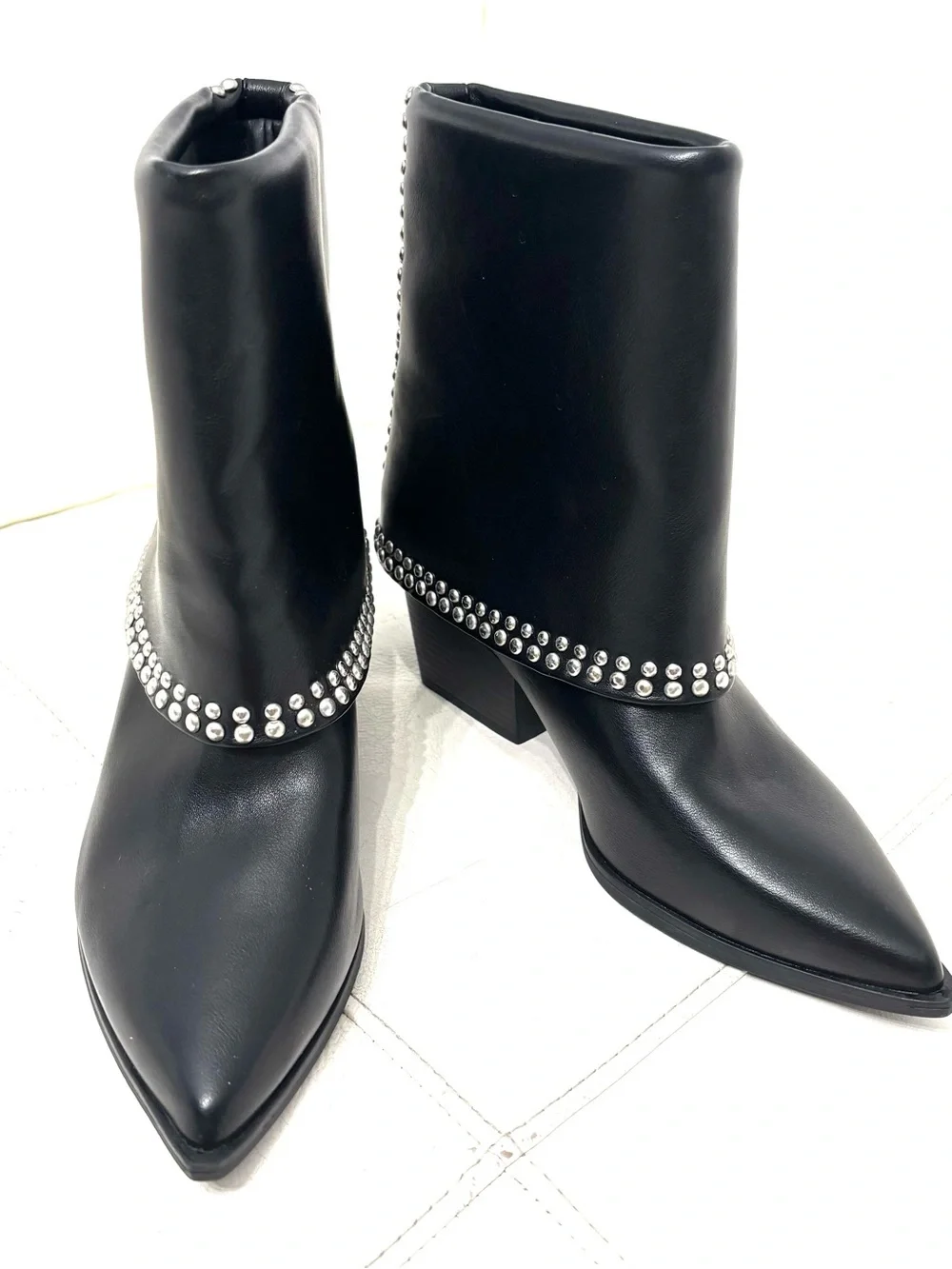 Michael Shanon Royce Fold Over Black Studded Pointed Ankle Booties